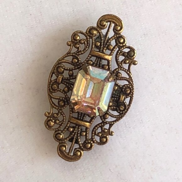 SADIE GREEN Signed Filigree Rectangle Crystal Brooch Pin Vintage - Picture 4 of 15